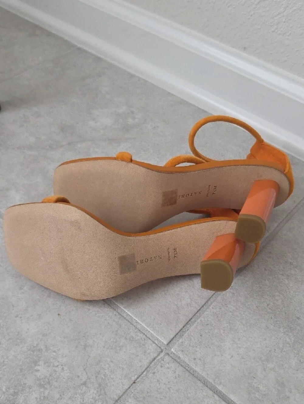 Natori Orange Suede Ankle-Strap Block Heel Sandals